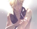  1boy black_shirt blonde_hair closed_eyes closed_mouth cloud_strife colored_eyelashes commentary_request demi_co eyelashes final_fantasy final_fantasy_vii final_fantasy_vii_advent_children highres holding male_focus ribbon shirt short_hair simple_background spiky_hair tying upper_body zipper 