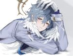  1boy apron blue_eyes blue_hair blue_shirt feathered_wings fractalmagnolia grey_shirt halo hand_on_own_head head_wings highres honkai:_star_rail honkai_(series) long_sleeves looking_at_viewer male_focus multicolored_eyes shirt solo sunday_(honkai:_star_rail) white_apron white_wings wings yellow_eyes 