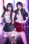  2girls bang_dream! bang_dream!_it&#039;s_mygo!!!!! bare_shoulders black_choker black_gloves black_hair black_jacket black_skirt black_thighhighs choker chromatic_aberration collarbone gloves green_eyes hair_between_eyes hand_up highres jacket jewelry long_hair long_sleeves looking_at_viewer m_omoo microphone mole mole_under_eye multiple_girls necklace open_clothes open_jacket open_mouth parted_lips pleated_skirt red_skirt shiina_taki shirt skirt strapless strapless_shirt teeth thigh-highs upper_teeth_only very_long_hair violet_eyes white_shirt yahata_umiri zettai_ryouiki zipper 