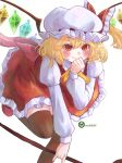  1girl artist_name ascot back_bow blonde_hair blush bow brown_thighhighs clenched_hand closed_mouth collared_shirt commentary_request crystal dress fingernails flandre_scarlet frills hair_between_eyes hand_up hat hat_bow highres holding holding_weapon juliet_sleeves laevatein_(touhou) leg_up long_sleeves looking_at_viewer mehibiki_izuha mob_cap multicolored_wings nail_polish one_side_up orange_ascot pink_bow pointy_ears puffy_long_sleeves puffy_sleeves red_bow red_dress red_eyes red_footwear red_nails shirt shoes short_hair simple_background smile solo standing standing_on_one_leg thigh-highs touhou weapon white_background white_headwear white_shirt wings 