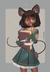  1girl absurdres animal_ears artist_name black_hair blush book bumblesteak cover cover_page dark-skinned_female dark_skin glasses gloves green_eyes green_gloves grey_background highres looking_at_viewer mouse_ears mouse_girl mouse_tail nose olive_(bumblesteak) open_mouth original shirt short_hair simple_background solo tail 