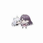  2girls animal_ears bang_dream! bang_dream!_it&#039;s_mygo!!!!! biting biting_another&#039;s_hand blue_eyes brown_dress cat_ears cat_girl cat_tail chibi commentary dress film_grain grey_hair hanasakigawa_school_uniform hashtag_only_commentary heterochromia highres jitome kaname_raana long_hair long_sleeves looking_at_another mole mole_under_eye multiple_girls neck_ribbon nervous_sweating purple_hair qing_yan_xia red_ribbon ribbon sailor_collar sailor_dress school_uniform shiina_taki short_hair sweat tail very_long_hair violet_eyes white_sailor_collar yellow_eyes 