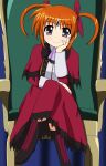  1girl absurdres aura_maha_khyber brown_hair dress gundam gundam_seed gundam_seed_freedom hand_on_own_face highres long_hair lyrical_nanoha red_dress red_ribbon ribbon sitekisyugi sitting takamachi_nanoha tamura_yukari twintails violet_eyes voice_actor_connection 