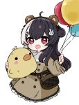  1girl :d ahoge animal_ears bag balloon bear_ears black_hair blush_stickers brown_coat brown_hairband chibi coat commentary double_bun fake_animal_ears grey_hair hair_between_eyes hair_bun hair_ornament hairband handbag highres holding holding_balloon long_hair long_sleeves looking_at_viewer multicolored_hair nijisanji nozo_(hitomiz) rabbit_hair_ornament red_eyes redhead shoulder_bag simple_background smile solo streaked_hair two-tone_hair very_long_hair virtual_youtuber white_background yorumi_rena 