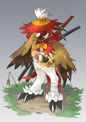  closed_mouth commentary_request full_body glint grass grey_background highres hisuian_decidueye holding looking_at_viewer pkpokopoko3 pokemon pokemon_(creature) solo standing sword weapon 