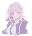  1girl breasts collared_shirt danganronpa_(series) danganronpa_2:_goodbye_despair flipped_hair galaga hair_ornament highres jacket long_sleeves medium_hair nanami_chiaki neck_ribbon open_clothes open_jacket pote_(pote_39) ribbon shirt smile solo white_shirt 