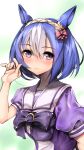  1girl animal_ears blue_hair bow bowtie braid cesario_(umamusume) commentary crown_braid ear_ornament grey_hair hair_between_eyes hair_bow highres horse_ears horse_girl light_brown_hair lips multicolored_hair pink_bow puffy_short_sleeves puffy_sleeves purple_bow purple_bowtie purple_shirt sailor_collar school_uniform shirt short_hair short_sleeves solo summer_uniform tracen_school_uniform umamusume upper_body usapenpen2019 violet_eyes white_sailor_collar 