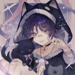  1boy animal_ear_hood animal_ears bandaid bandaid_on_cheek bandaid_on_face bandaid_on_knee bandaid_on_leg bandaid_on_nose beichuanjing black_cat black_hair cat dual_persona fake_animal_ears genshin_impact grey_eyes highres hood long_sleeves male_focus paw_pose scaramouche_(cat)_(genshin_impact) scaramouche_(genshin_impact) short_hair solo 