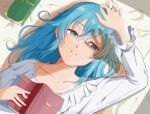  1girl arm_up blue_eyes blue_hair book close-up collarbone crossed_bangs day dress from_above hair_between_eyes heart highres holding holding_book long_hair long_sleeves lying mushoku_tensei on_back on_bed parted_lips roxy_migurdia solo sooka0403 white_dress 