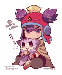  1boy animal bandage_on_face bandages black_pants boar cape cat chibi croket croket! full_body grey_cape holding holding_animal kotorai male_focus pants purple_cat purple_hair red_headwear red_wristband scar scar_on_cheek scar_on_face simple_background sitting solo translation_request twintails violet_eyes white_background worcester_(croket!) 