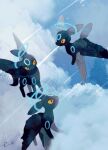  alternate_color angel animal_focus black_eyes black_wings blue_halo clouds cloudy_sky colored_sclera commentary day feathered_wings flying full_body halo li04r no_humans pokemon pokemon_(creature) shiny_pokemon signature sky symbol-only_commentary umbreon wings yellow_sclera 