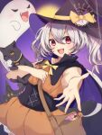  1girl animal bag black_cat blush bow candy cape cat corset dress fang food ghost grey_hair halloween hat hat_bow highres holding holding_animal lollipop long_hair looking_at_viewer open_mouth original rageno0000 reaching reaching_towards_viewer shoulder_bag smile solo twintails witch witch_hat 