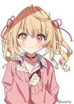  1girl black_choker blonde_hair blush cardigan choker closed_mouth collared_shirt commentary_request dot_nose h_(eitilog) hair_ribbon hands_up heterochromia hoshikawa_sara hoshikawa_sara_(4th_costume) long_hair long_sleeves looking_at_viewer nijisanji official_alternate_costume official_alternate_hairstyle orange_eyes pink_cardigan red_eyes red_ribbon ribbon school_uniform shirt simple_background sleeves_past_wrists solo twintails twitter_username upper_body virtual_youtuber white_background white_shirt 