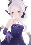 1girl black_horns black_wings blue_archive blush closed_mouth demon_horns demon_wings dress elbow_gloves gloves grey_hair highres hina_(blue_archive) hina_(dress)_(blue_archive) horns jewelry kiina_(mrnsor) long_hair looking_at_viewer multiple_horns necklace pendant purple_dress purple_gloves simple_background smile solo strapless strapless_dress violet_eyes white_background wings 