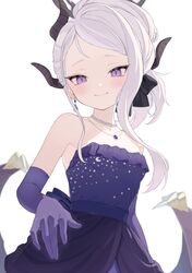  1girl black_horns black_wings blue_archive blush closed_mouth demon_horns demon_wings dress elbow_gloves gloves grey_hair highres hina_(blue_archive) hina_(dress)_(blue_archive) horns jewelry kiina_(mrnsor) long_hair looking_at_viewer multiple_horns necklace pendant purple_dress purple_gloves simple_background smile solo strapless strapless_dress violet_eyes white_background wings 