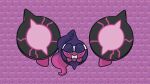  ^_^ closed_eyes commentary_request facing_viewer full_body highres no_humans official_art patterned_background pecharunt pokemon pokemon_(creature) purple_background smile solo 