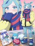  1boy blue_footwear blue_mittens blue_scarf blush boots cetoddle commentary_request cubchoo glaceon grusha_(pokemon) hairband hand_up hands_in_pockets highres jacket long_sleeves love_ball male_focus min_(myna8247) mittens multiple_views open_mouth pants poke_ball poke_ball_print pokemon pokemon_(creature) pokemon_ears pokemon_sv scarf scarf_over_mouth sneasel snom spoken_squiggle squiggle standing striped_clothes striped_scarf swablu sweat teeth upper_teeth_only yellow_jacket 