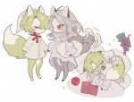  2boys animal_ears apron book closed_eyes collared_shirt ensemble_stars! facing_another food fox_boy fox_ears fox_tail fruit full_body furrification furry furry_male grapes green_fur green_hair grey_fur grey_hair holding holding_hands holding_pillow long_hair long_sleeves looking_at_another male_focus meremero multiple_boys multiple_views orange_eyes pillow profile ran_nagisa red_apron red_ribbon ribbon shirt short_hair simple_background sleeping standing star_(symbol) tail tail_wagging tomoe_hiyori under_covers white_background white_shirt 