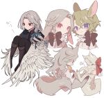  2boys animal animal_ears animalization bell black_pants blue_ribbon boots brown_footwear cat closed_mouth commentary_request ensemble_stars! feathered_wings full_body grey_hair hair_between_eyes highres holding holding_animal holding_cat kemonomimi_mode knee_boots knees_up long_hair looking_at_viewer lop_rabbit_ears low_ponytail male_focus meremero multiple_boys multiple_views neck_bell pants puff_of_air rabbit_ears ran_nagisa red_eyes ribbon short_hair simple_background sitting tomoe_hiyori translation_request violet_eyes white_background white_wings winged_arms wings 