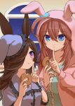  2girls :t ahoge animal_ears animal_hood aqua_shirt black_hair blue_headwear blue_shirt brown_hair closed_mouth doughnut eating food frilled_shirt frills hair_over_one_eye hat highres holding holding_food hood hooded_jacket horse_ears horse_girl index_finger_raised indoors jacket long_hair looking_at_another looking_at_viewer mihono_bourbon_(umamusume) multiple_girls night night_sky nightcap pajamas rabbit_hood rice_shower_(umamusume) roppaku shirt sky sleepwear umamusume violet_eyes window 