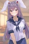  1girl absurdres animal_ears aohane blue_skirt blurry classroom contemporary depth_of_field highres long_hair looking_at_viewer purple_hair rabbit_ears rabbit_girl reisen_udongein_inaba school_uniform shirt short_sleeves skirt smile solo touhou very_long_hair violet_eyes white_shirt 