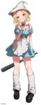  1girl absurdres alternate_costume alternate_hair_length alternate_hairstyle apron arm_behind_back baseball_bat black_footwear blonde_hair blue_dress blush breasts choker closed_mouth dot_nose dress frilled_apron frilled_choker frills full_body h_(eitilog) hand_up hat heterochromia highres holding holding_baseball_bat hoshikawa_sara large_breasts loafers looking_at_viewer loose_socks maid medium_hair nijisanji orange_eyes red_eyes shirt shoes short_dress short_sleeves simple_background socks solo standing tongue tongue_out twitter_username virtual_youtuber waist_apron white_apron white_background white_headwear white_shirt witch_hat 