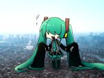  1girl absurdly_long_hair black_skirt black_sleeves black_thighhighs chibi chibi_only city collared_shirt covered_eyes day detached_sleeves full_body giant giantess green_hair green_necktie grey_shirt hair_ornament hair_over_eyes hatsune_miku headphones kyomu_305 long_bangs long_hair long_sleeves mekakure_miku_(homma_nuruneko) miniskirt necktie open_mouth outdoors photo_background pleated_skirt sharp_teeth shirt skirt sleeveless sleeveless_shirt sleeves_past_fingers sleeves_past_wrists smile solo standing teeth thigh-highs twintails very_long_hair very_long_sleeves vocaloid 