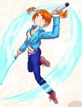  1girl belt denim full_body highres jacket jeans kekewan looking_at_viewer natsume_(saru_getchu) orange_eyes orange_hair pants saru_getchu shoes short_hair short_twintails smile sneakers solo twintails weapon white_background 