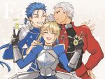  1girl 2boys :d ^_^ ahoge anniversary archer_(fate) armor armored_dress armored_gloves artoria_pendragon_(fate) blue_dress blue_hair blue_shirt boy_sandwich closed_eyes closed_mouth commentary_request copyright_name cu_chulainn_(fate) cu_chulainn_(fate/stay_night) dress facing_another facing_viewer fate/stay_night fate_(series) floating_hair frown grey_background grey_hair grin half-closed_eyes hand_on_another&#039;s_shoulder hand_on_own_hip hands_up juliet_sleeves long_hair long_sleeves looking_at_another low_ponytail medium_hair multiple_boys notice_lines open_clothes open_mouth open_shirt puffy_sleeves red_shirt saber_(fate) sandwiched shiomi_ac shirt short_hair simple_background smile sparkle spiky_hair teeth upper_body upper_teeth_only v v-shaped_eyebrows w_arms 