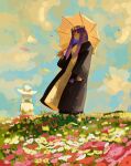  2girls absurdres bchan1582 black_coat closed_mouth clouds coat dress fern_(sousou_no_frieren) field fine_art_parody flower flower_field flower_wreath frieren grey_hair hat head_wreath highres holding holding_flower holding_umbrella long_hair long_sleeves multiple_girls outdoors parody petals purple_hair smile solo_focus sousou_no_frieren standing umbrella violet_eyes white_dress white_headwear wind woman_with_a_parasol 