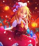  1girl ascot blonde_hair bow collared_shirt cowboy_shot cross crystal fangs flandre_scarlet frilled_shirt_collar frilled_skirt frills from_side glowing glowing_wings halloween halloween_bucket hat hat_bow highres index_finger_raised light_smile mob_cap multicolored_wings open_mouth orange_background orange_eyes puffy_short_sleeves puffy_sleeves red_bow red_skirt red_vest shirt short_sleeves skirt solo teeth touhou upper_teeth_only vest white_headwear white_shirt wings yellow_ascot yuineko 