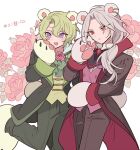  2boys animal_ears animal_hands ascot bear_boy bear_ears bear_paws black_jacket coattails collared_shirt commentary_request cosplay ensemble_stars! feet_out_of_frame floral_background flower gloves green_ascot green_hair green_jacket green_pants grey_hair hair_between_eyes hand_up highres jacket kemonomimi_mode long_hair long_sleeves looking_at_viewer male_focus meremero multiple_boys open_mouth pants parted_lips paw_gloves paw_shoes pink_flower pink_rose ran_nagisa red_eyes red_flower red_rose rose shirt short_hair smile standing standing_on_one_leg tomoe_hiyori translation_request violet_eyes white_shirt yuri_kuma_arashi 