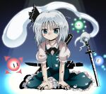  1girl black_bow black_bowtie black_hairband bloomers bob_cut bow bowtie collared_shirt commentary_request green_eyes green_skirt green_vest grey_hair hairband highres hitodama_print injury katana kazakome konpaku_youmu konpaku_youmu_(ghost) messy_hair puffy_short_sleeves puffy_sleeves shirt short_hair short_sleeves skirt skirt_set solo sword tears touhou vest wakizashi weapon white_bloomers white_hair white_shirt 