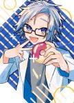 1boy blue_eyes bright_pupils commentary_request doughnut eyebrows_hidden_by_hair food glasses grey_hair grey_shirt hands_up highres holding holding_food kanou_aogu lab_coat long_sleeves lu_yi_(rokuichi61) male_focus open_clothes open_mouth rectangular_eyewear saibou_shinkyoku shirt smile solo upper_body white_pupils 