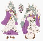  1girl absurdres animal_ears apron blue_eyes blush braid brown_footwear ensemble_stars! fox_ears fox_girl fox_tail full_body genderswap genderswap_(mtf) grey_background grey_hair highres japanese_clothes kimono koi_koi_cafe_(ensemble_stars!) long_hair long_sleeves mkn364 purple_kimono shiina_niki sketch solo tail twintails white_apron 