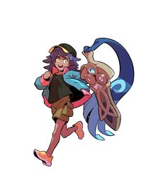  1boy :d aged_down black_headwear black_shirt clenched_hand commentary dark-skinned_male dark_skin hands_up hat highres honedge jacket leon_(pokemon) long_hair male_focus open_clothes open_jacket open_mouth pokemon pokemon_(creature) pokemon_swsh purple_hair redlhzz running shirt shoes shorts simple_background smile symbol-only_commentary teeth white_background yellow_eyes yellow_footwear 