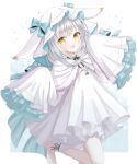  1girl animal_ear_hood aqua_bow bow commission dress floppy_ears frilled_sleeves frills fukamimi_(fukameekaki337) grey_hair highres hood indie_virtual_youtuber long_hair open_mouth pion_(vtuber) short_dress skeb_commission sleeves_past_fingers sleeves_past_wrists smile solo white_dress wide_sleeves yellow_eyes 