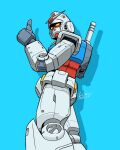  blue_background dated from_side gundam hand_up highres kobakin mecha mobile_suit mobile_suit_gundam no_humans robot rx-78-2 science_fiction shadow signature simple_background solo thumbs_up turning_head v-fin yellow_eyes 