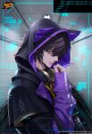  1boy absurdres black_hoodie chimachi commentary english_commentary glitch headphones headphones_around_neck highres hood hood_up hoodie ling_(mahjong_soul) logo mahjong_soul male_focus necktie official_art purple_hoodie solo two-tone_hoodie yellow_eyes yellow_necktie 