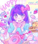  +_+ 1girl aubrey_(omori) blue_shirt bow cake cake_slice candy clenched_hands cupcake doughnut drooling food fruit hair_bow hashtag_only_commentary highres ice_cream_cone iro_(mywife_sunny) jar light_blush long_hair macaron omori open_mouth pale_skin pancake pancake_stack pink_background pink_bow plaid plaid_background purple_hair shirt solo sparkle sprout_mole strawberry violet_eyes 