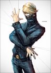  1boy artist_name best_jeanist blonde_hair blue_jacket blue_pants boku_no_hero_academia covered_mouth denim denim_jacket green_eyes hair_over_one_eye jacket k-suwabe male_focus pants short_hair simple_background solo white_background 