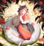  1girl absurdres animal_ears apron barefoot basket black_apron blunt_bangs braid brown_hair commentary food fruit goguhaku highres holding holding_basket holo long_hair long_skirt long_sleeves looking_at_viewer open_mouth orange_skirt red_eyes shirt sitting skirt smile solo spice_and_wolf tail twin_braids white_shirt 