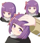  2girls :t black_robe blunt_bangs blunt_ends blush bob_cut commentary_request fern_(sousou_no_frieren) frieren hair_ribbon headpat looking_at_viewer looking_back looking_down multiple_girls multiple_views pout purple_hair purple_pupils red_ribbon ribbon robe s_(hdru2332) short_hair simple_background sousou_no_frieren straight_hair violet_eyes white_background 