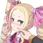  1boy 1girl :t beatrice_(re:zero) blonde_hair blue_eyes butterfly-shaped_pupils capelet cheek_poking closed_mouth commentary_request crown drill_hair fur-trimmed_capelet fur_trim hair_ribbon long_hair looking_at_viewer mini_crown natsuki_subaru pink_ribbon poking pout re:zero_kara_hajimeru_isekai_seikatsu red_capelet ribbon s_(hdru2332) sidelocks simple_background symbol-shaped_pupils track_suit twin_drills upper_body white_background 