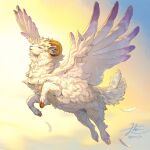  animal animal_focus closed_eyes cloven_hooves commentary_request commission curled_horns falling_feathers feathered_wings fluffy flying full_body highres hooves horns no_humans open_mouth original sheep signature skeb_commission smile solo tail twitter_username winged_animal wings yamamura_le 