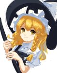  1girl black_headwear black_vest blonde_hair bow broom closed_mouth commentary_request cropped_torso frilled_hat frills hat hat_bow highres holding holding_broom kirisame_marisa plus2sf puffy_short_sleeves puffy_sleeves shirt short_sleeves simple_background smile solo touhou turtleneck vest white_background white_shirt witch_hat yellow_eyes 