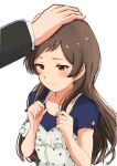  1girl blue_shirt blush brown_eyes brown_hair closed_mouth collarbone hand_on_another&#039;s_head highres idolmaster idolmaster_million_live! kitazawa_shiho long_hair polka_dot producer_(idolmaster) shirt short_sleeves sinobu0425 smile solo_focus straight_hair 