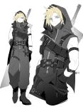  1boy arm_belt belt blonde_hair blue_eyes bright_pupils buster_sword closed_mouth cloud_strife cropped_legs duoj_ji expressionless final_fantasy final_fantasy_vii final_fantasy_vii_remake full_body gloves hands_in_pockets highres huge_weapon jacket looking_at_viewer male_focus multiple_views pants short_hair signature simple_background sketch spiky_hair spot_color standing strap sword sword_on_back thigh_belt thigh_strap weapon weapon_on_back white_background white_pupils zipper zipper_pull_tab 