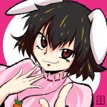  1girl :3 animal_ears black_hair brown_eyes carrot_necklace closed_mouth commentary_request dress dutch_angle floppy_ears hair_between_eyes highres inaba_tewi index_finger_raised jewelry looking_at_viewer medium_bangs necklace pink_background pink_dress rabbit_ears rabbit_girl ribbon-trimmed_dress shishi_(kuroear99) short_hair smile solo touhou two-tone_background upper_body v-shaped_eyebrows white_background 