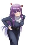  1girl :t absurdres anger_vein ayloss belt black_belt black_dress blunt_bangs blush bracelet breasts dress fern_(sousou_no_frieren) hands_on_own_hips highres jewelry large_breasts leaning_forward long_hair long_sleeves looking_at_viewer pout purple_hair simple_background solo sousou_no_frieren spoken_anger_vein v-shaped_eyebrows very_long_hair violet_eyes white_background 